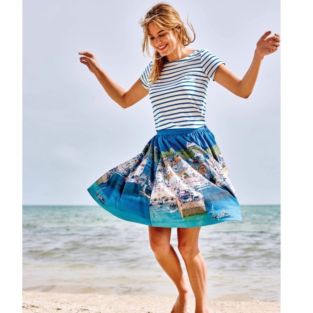 Boden St Ives Harbour Scenic Print Cotton Skirt Blue Coastal Village Italy 10L